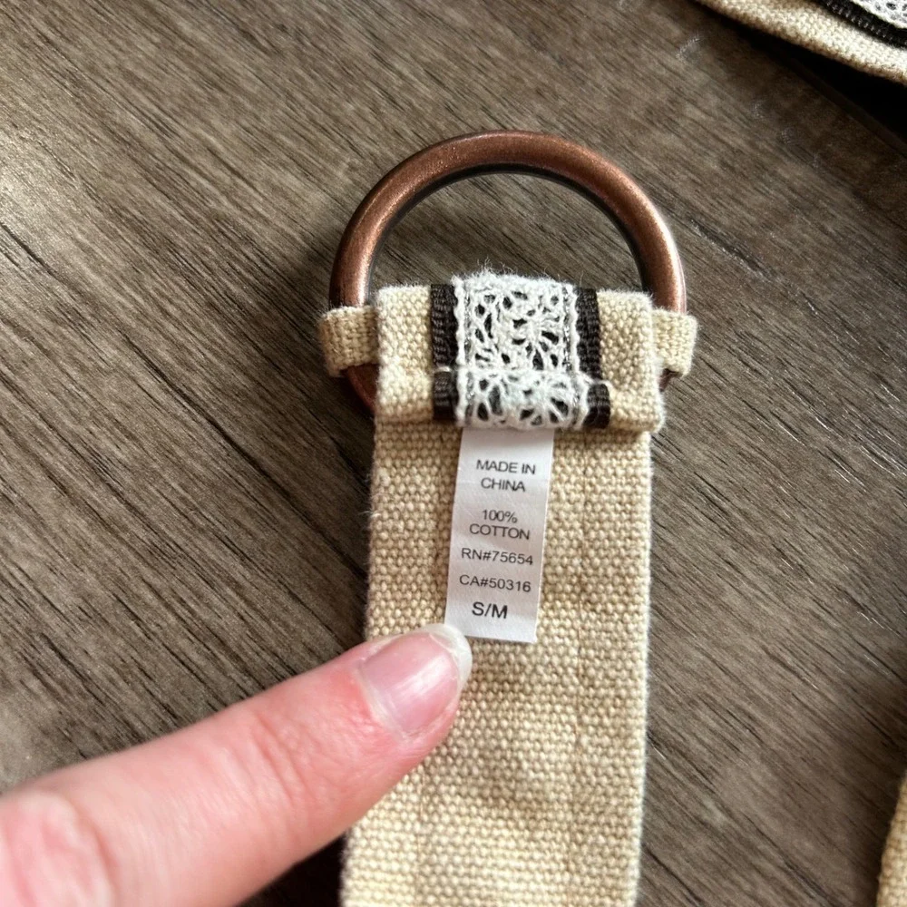 Y2k Abercrombie Kids Girls Beige Cotton Webbed Belt Lace Trim Copper D-Ring S/M